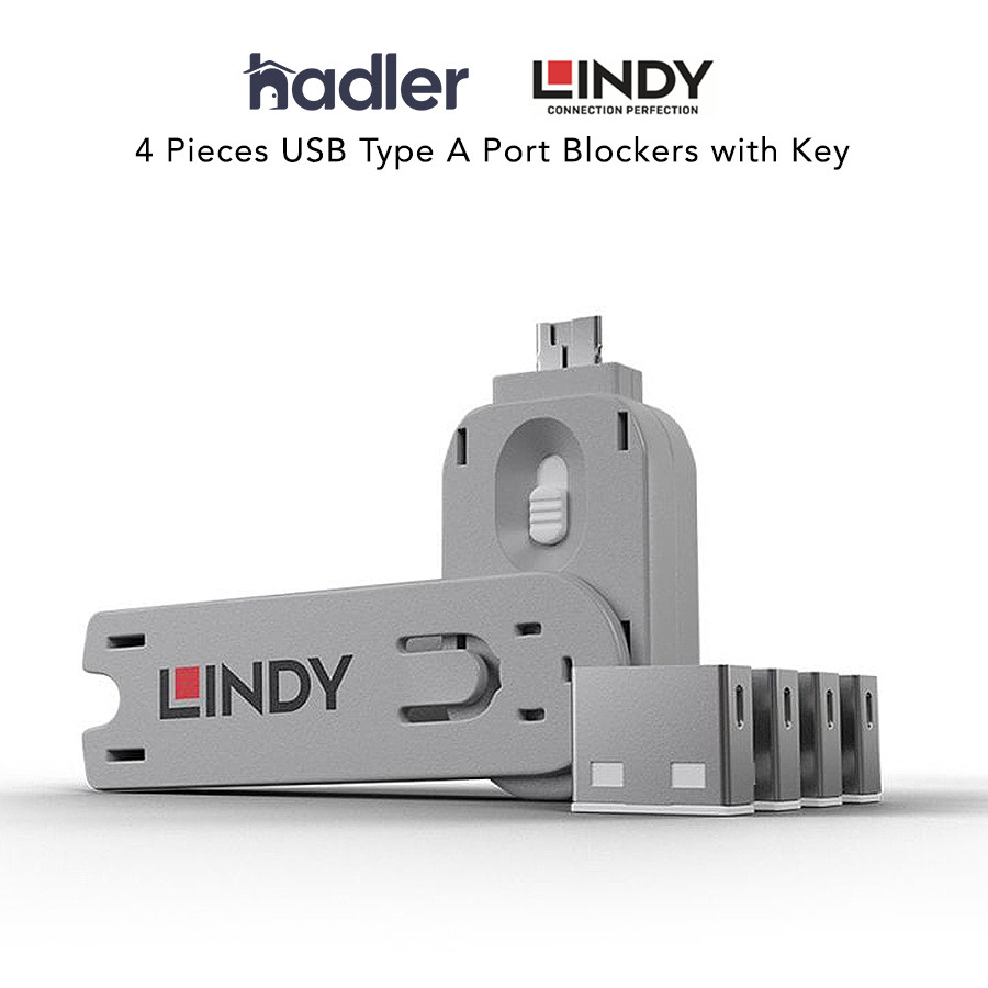 Lindy USB A Port Blocker Lock สีขาว 40454 (4 ล็อค + 1 คีย์) ชุดรักษาความปลอดภัย USB