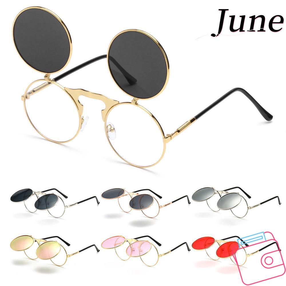 JUNEGOODS Steampunk Sun Glasses, Round Circle Flip Up แว่นกันแดด, Vintage UV400 Protection 90s Retro