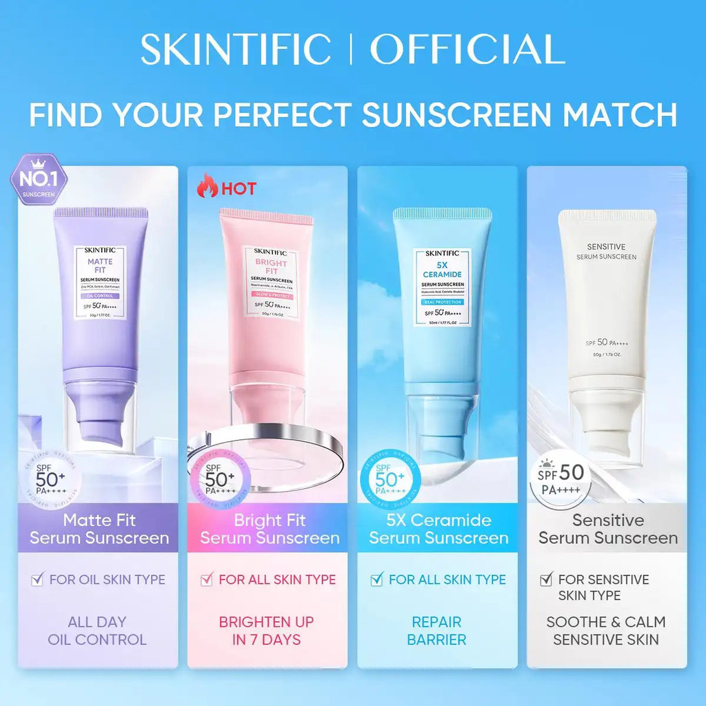 SKINTIFIC Sunscreen - Aqua Light Daily Sunscreen /Matte Fit Serum Sunscreen / SKINTIFIC 5X Ceramide 
