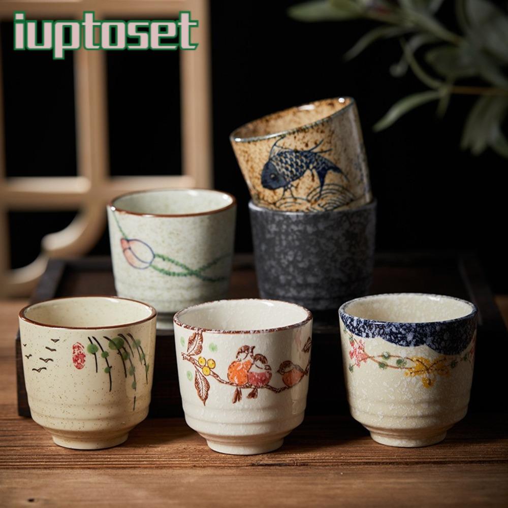 IUPTOSET ถ้วยชาวาดด้วยมือ, เซรามิค Lotus Kungfu ถ้วยน้ําชา, สไตล์ญี่ปุ่น 2.8 นิ้วนก Underglaze สีชุดชาเครื่องดื่มแก้ว