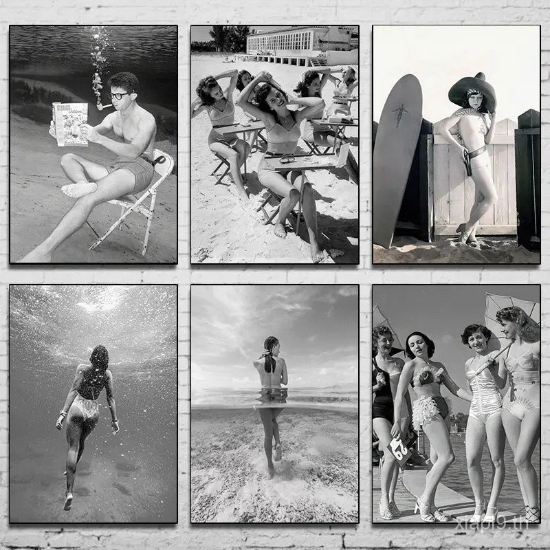 Vintage 1950s ภาพสาวชายหาดพิมพ์ Vintage Bodybuilder สีดําและสีขาว Gym Retro Wall Decor Lake House โป