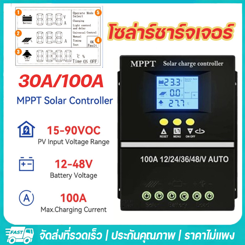 【พร้อมส่ง】โซล่าร์ชาร์จเจอร์ Powland 30A/60A/100A MPPT ชาร์จเจอร์ 12V/24V/36V/48V Auto สำหรับแบตเตอรี่ลิเธียม