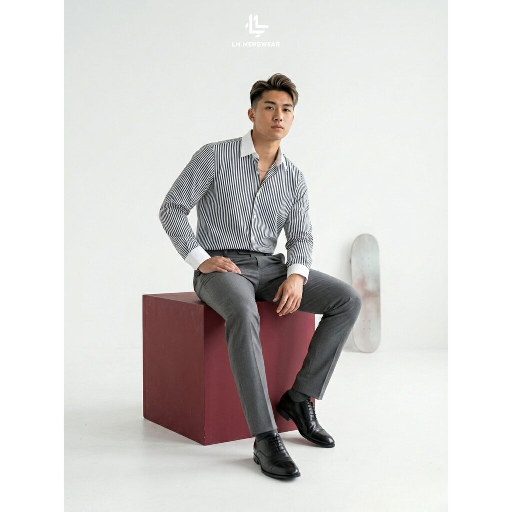 Striped Business Shirt เสื้อเชิ้ตลายทาง รุ่นบิสเนส ปก Semi-Spread Collar ทางการ เหมาะสำหรับใส่เน็คไทด์