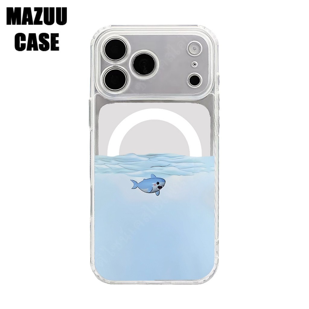 เคสไอโฟน TPU แม่เหล็กใส ปกป้องเลนส์ ลายฉลามน้อยสไตล์มินิมอลบนพื้นหลังสีฟ้า iPhone 17 16 15 14 13 12 11 Pro Max Plus