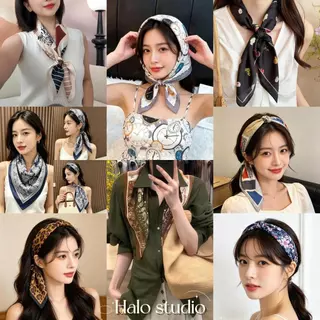 Halo studio พร้อมส่ง 🔥ผ้าพันคอไหมอเนกประสงค์สำหรับฤดูร้อน ผ้าพันคอสี่เหลี่ยมผืนเล็ก สไตล์เรโทร 70*70 ซม.