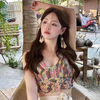 เสื้อสายเดี่ยวผ้าถักผู้หญิง เซ็กซี่ฤดูร้อน ระบายอากาศดี เหมาะไปเที่ยวทะเล