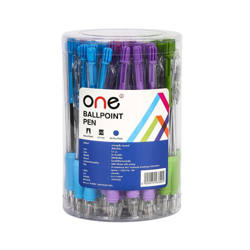 ONE ปากกาลูกลื่น 0.7 มม. รุ่น B-5805 หมึกสีน้ำเงิน ด้ามคละสี (แพ็ค 50 ด้าม)