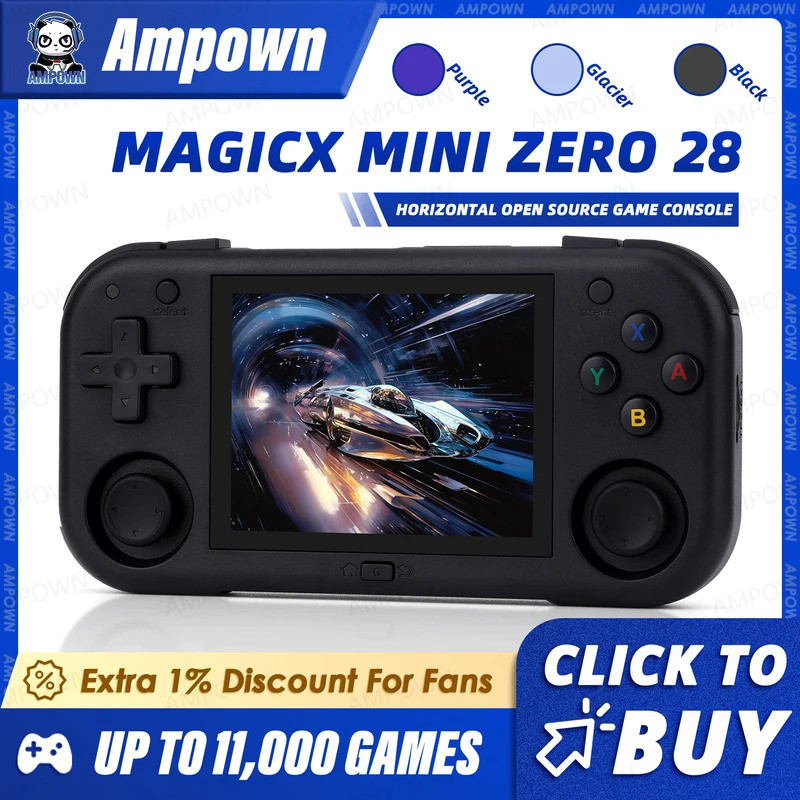 AMPOWN Mini Zero 28 คอนโซลวิดีโอเกมมือถือ 2.8 หน้าจอ IPS A133P โปรเซสเซอร์ Android OS 2.4GWIFI MAGIC