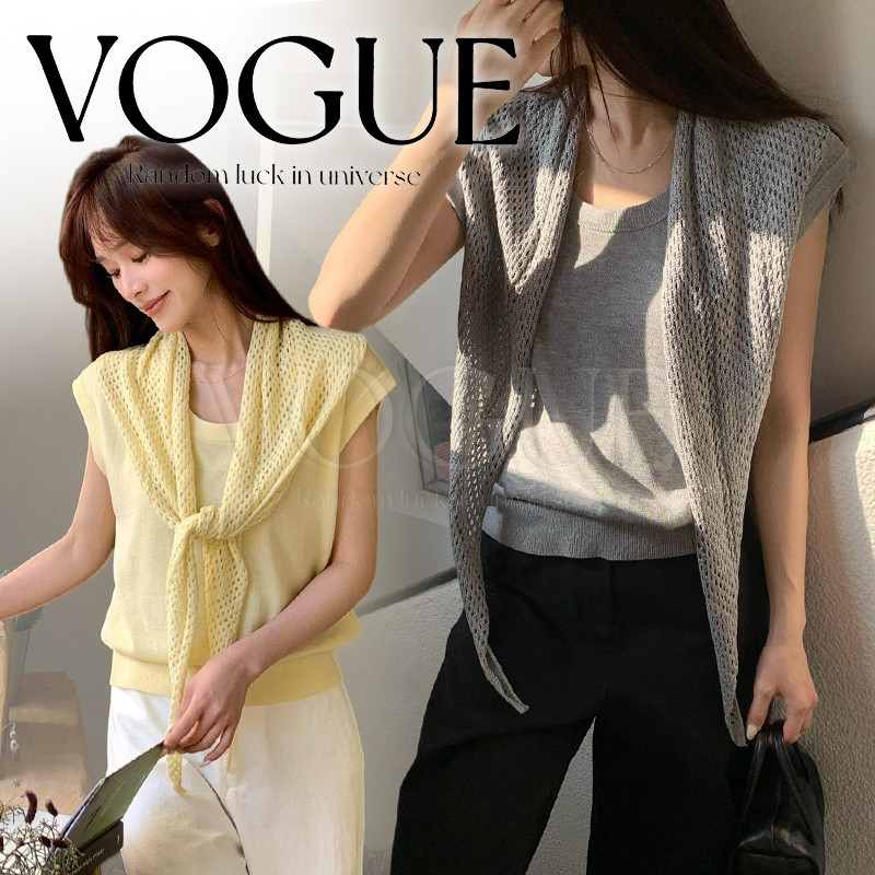 Vogue🌟พร้อมส่ง🌟 เสื้อไหมพรมแขนกุด คอกลมแถมผ้าคลุมไหล่ สไตล์เกาหลี สีพาสเทล (Y4436)