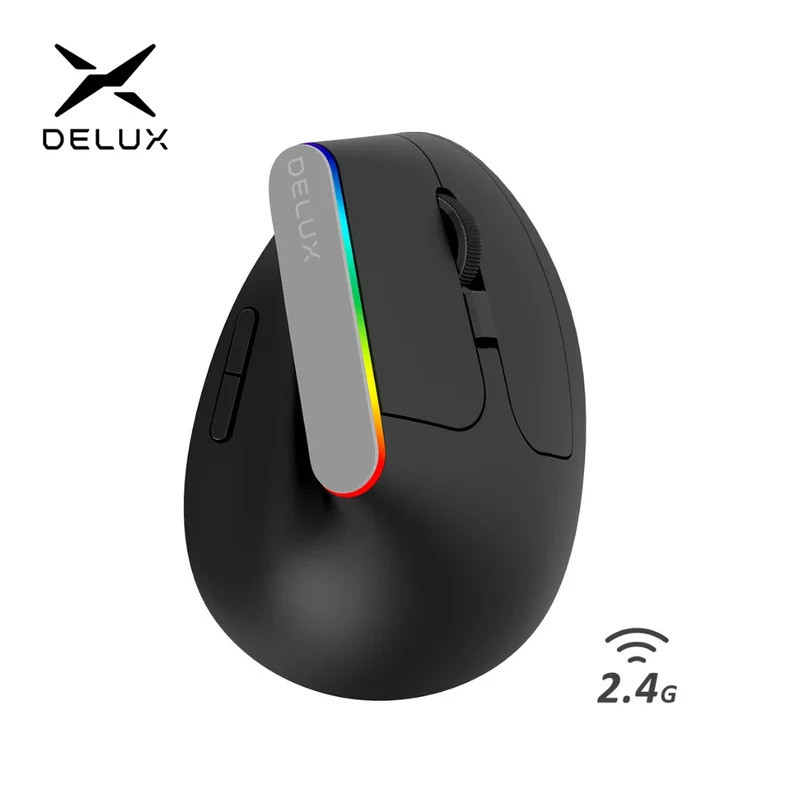 Delux M618C ไร้สายเงียบ Ergonomic แนวตั้ง 6 ปุ่มเมาส์สําหรับเล่นเกมตัวรับสัญญาณ USB RGB 1600 DPI Opt