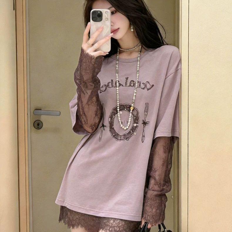 เสื้อยืดแขนยาวผ้าฝ้ายแท้พิมพ์ลูกไม้ เย็บคุณภาพดี สไตล์หลวมSlimmer สำหรับผู้หญิง