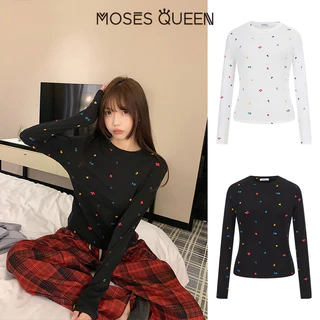 MOSESQUEEN มอสเนสควีนแขนยาวสำหรับผู้หญิง ลายพิมพ์สีสันสดใส จากผ้าฝ้ายที่ดูดซับเหงื่อและระบายอากาศได้ดี #63510