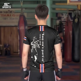 เสื้อมวยไทย เสื้อค่ายมวย เสื้อกีฬา พิมพ์ลาย MUAYTHAI ผ้าไมโคร ดำ S-4XL
