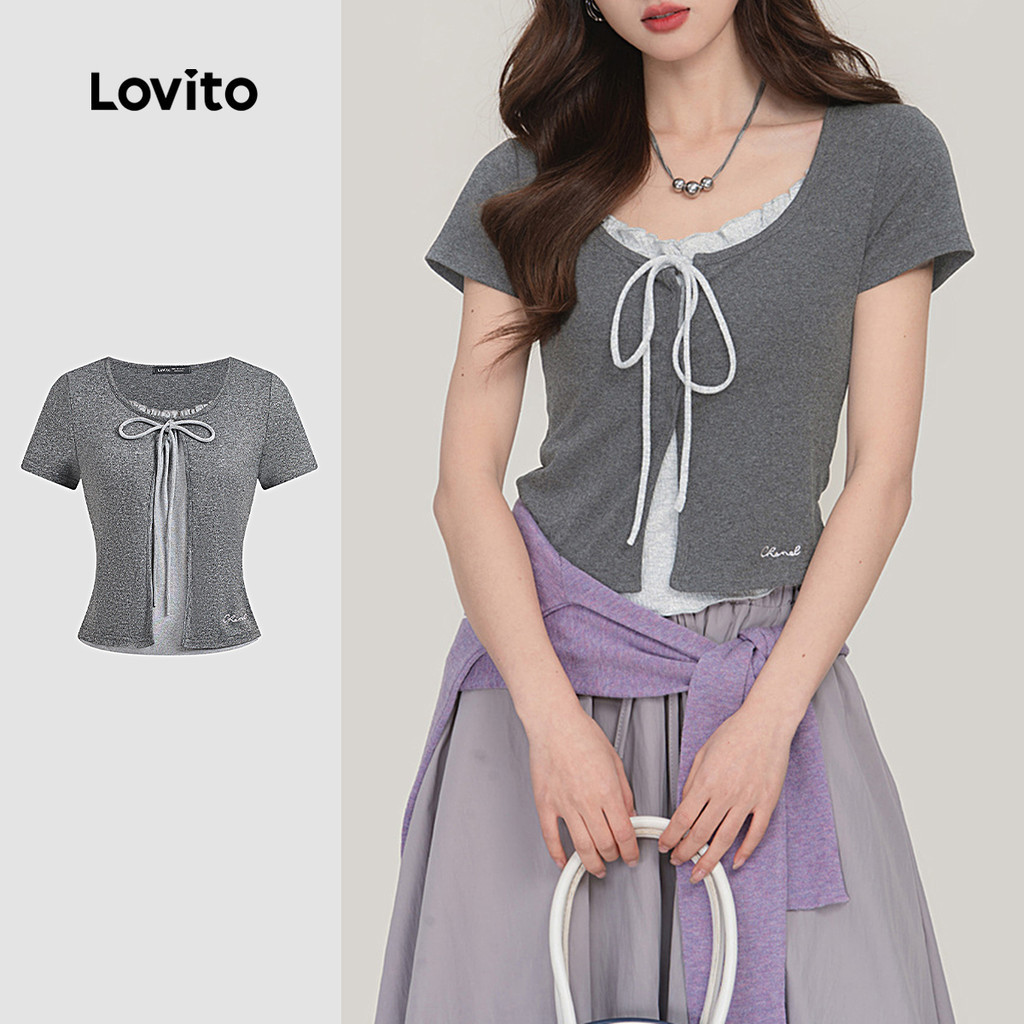 Lovito ลำลองผ้าปะติดปลอม 2 In 1 Tie ด้านหน้าฤดูใบไม้ผลิ/ฤดูร้อน Dark Grey เสื้อยืดสําหรับผู้หญิง L136AD437