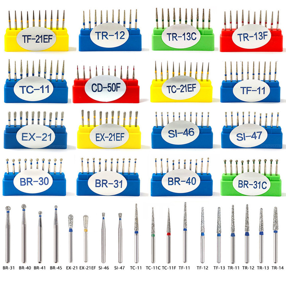 10 ชิ้น / กล่อง TC / CR Series ทันตกรรมเพชร Burs FG 1.6 มม. ทันตแพทย์ขัดและเจียรฟันเครื่องมือสําหรับความเร็วสูง Handpieces