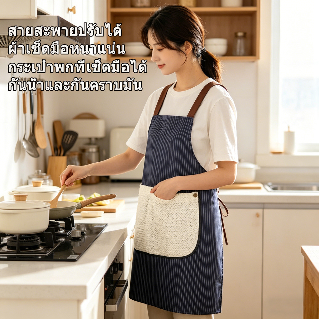 ผ้ากันเปื้อนครัว กันน้ำกันมัน มีกระเป๋าเช็ดมือถอดได้ ระบายอากาศดี ใช้ได้ทั้งครัวเรือน คาเฟ่ ชุดทำงาน