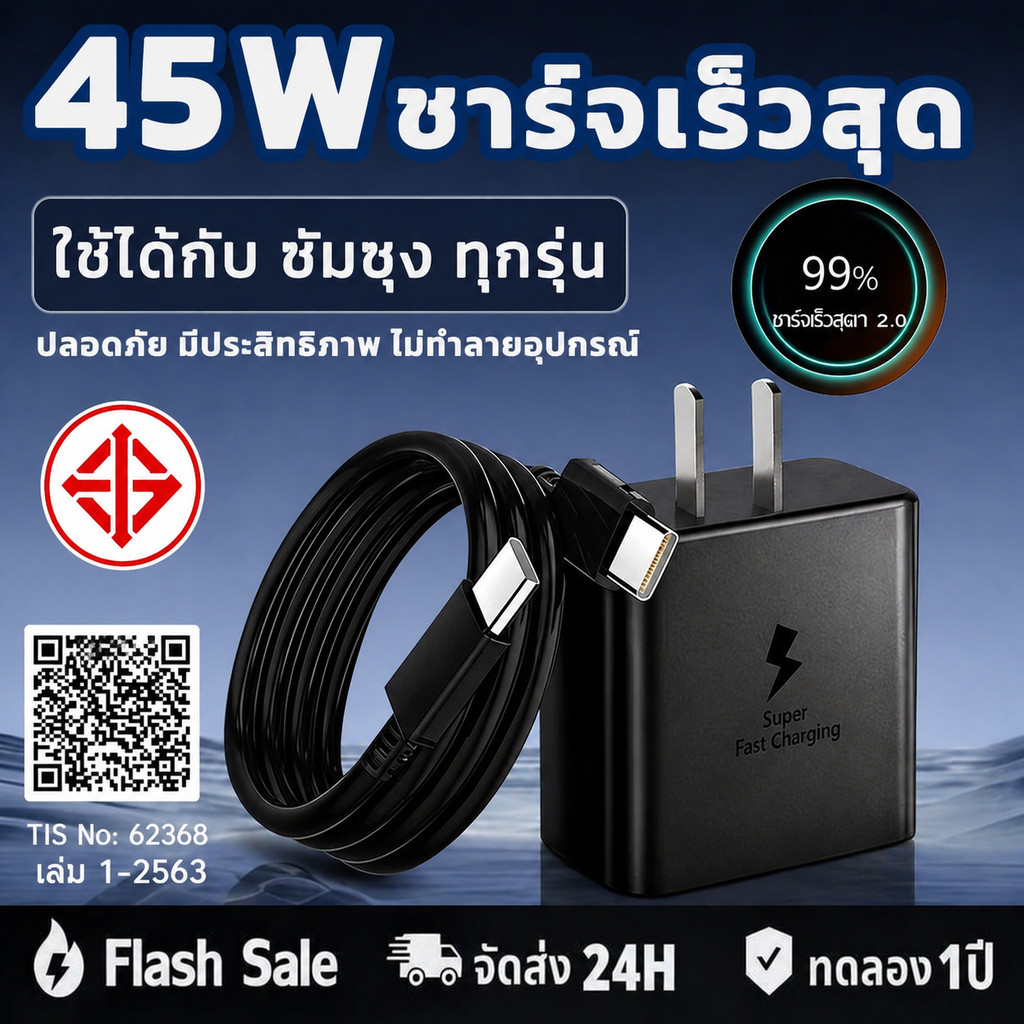 ชุดชาร์จเร็ว ชุดชาร์จ 45W (สายชาร์จเร็ว+หัวชาร์จ) type-c สำหรับ S20 S21 S22 A70 A71 A72 A80 A53 รับประกัน1ปี