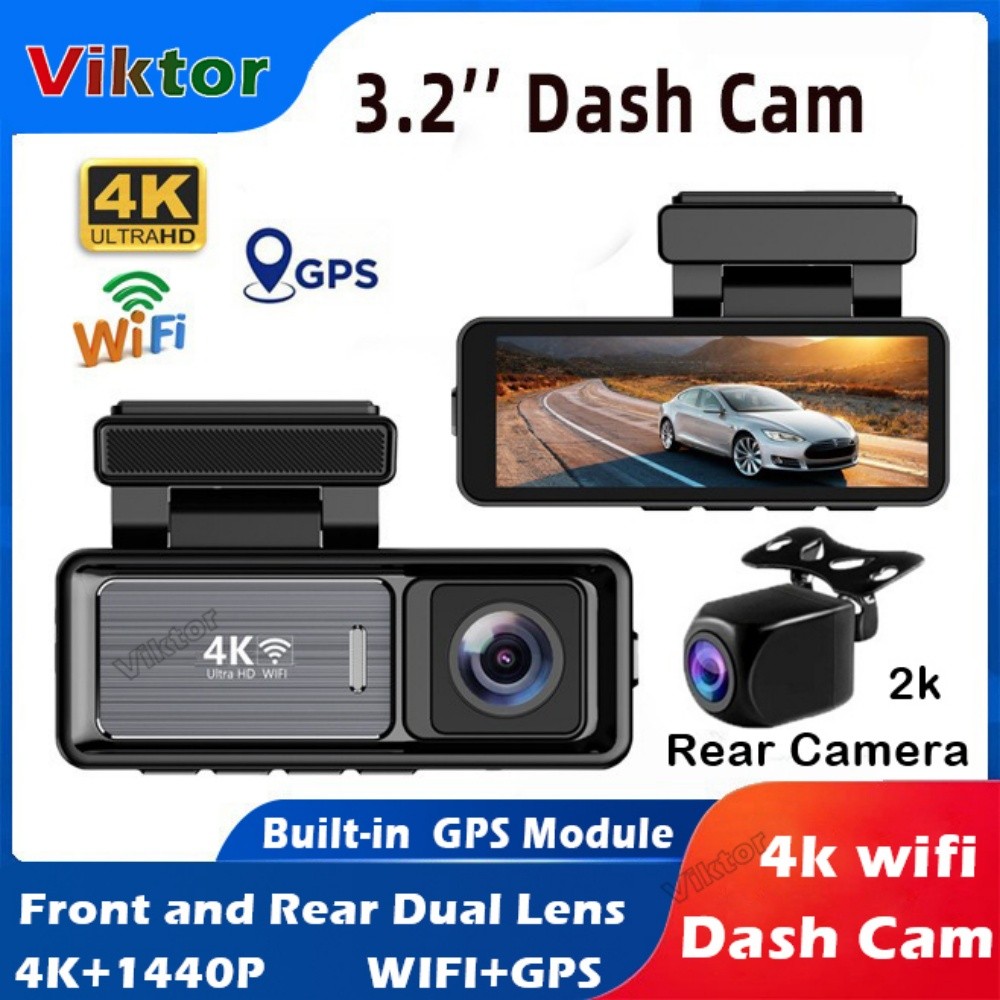 หน้าจอ IPS ขนาด 3.2 นิ้วรถ Dashcam 4K ด้านหน้าและ 2K กล้องคู่ด้านหลัง WIFI/GPS ในตัว