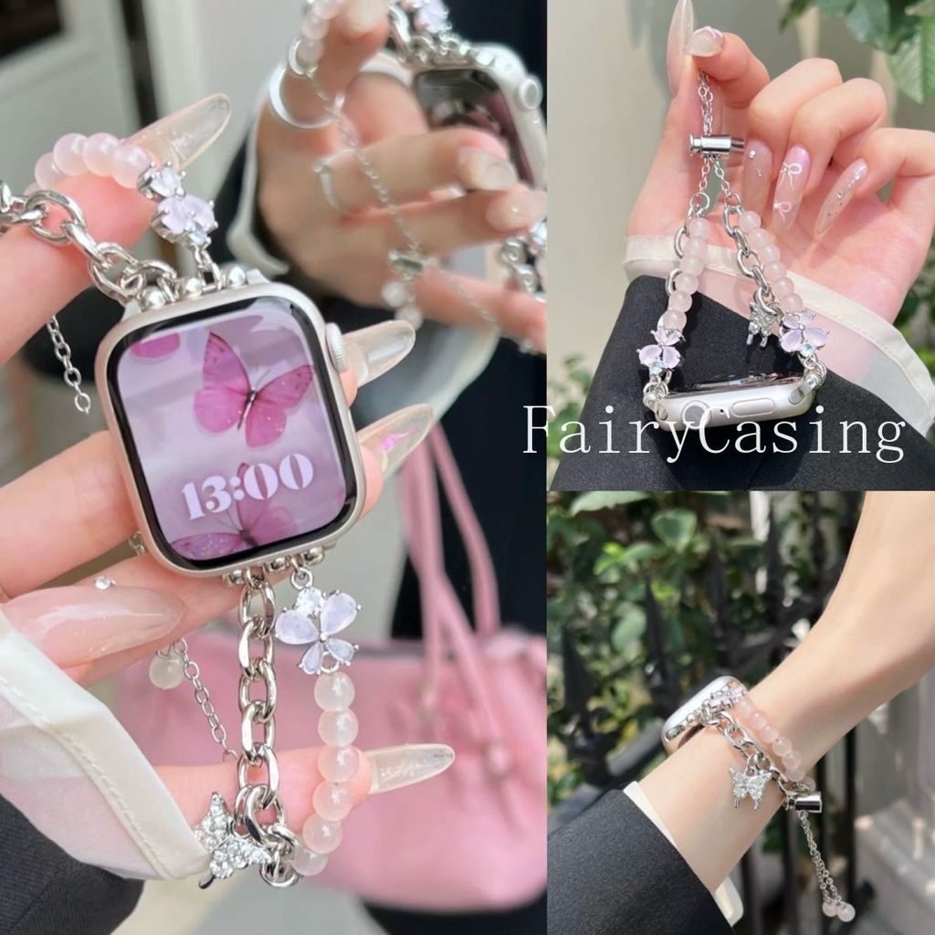 สายลูกปัดแก้วผีเสื้อสําหรับ ฉันดู ส11 10 9 8 7 6 5 4 สร้อยข้อมือโซ่โลหะ ฉันดู วงดนตรี 44 มม. 40 42 46 41 45 38 49 มม
