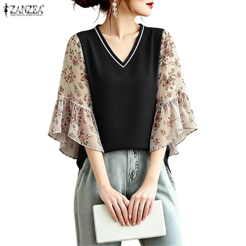 ZANZEA ใส่ ซานเซีย ผู้หญิงเกาหลีหรูหราวินเทจคอ โวลต์ นัวเนียแขนดอกไม้พิมพ์เย็บปะติดปะต่อกันเสื้อ