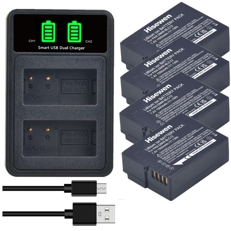 DMW-BLC12 BLC12E Battery+LED USB Dual Charger Type C Port for Panasonic Lumix FZ1000 FZ200 FZ300 DMC