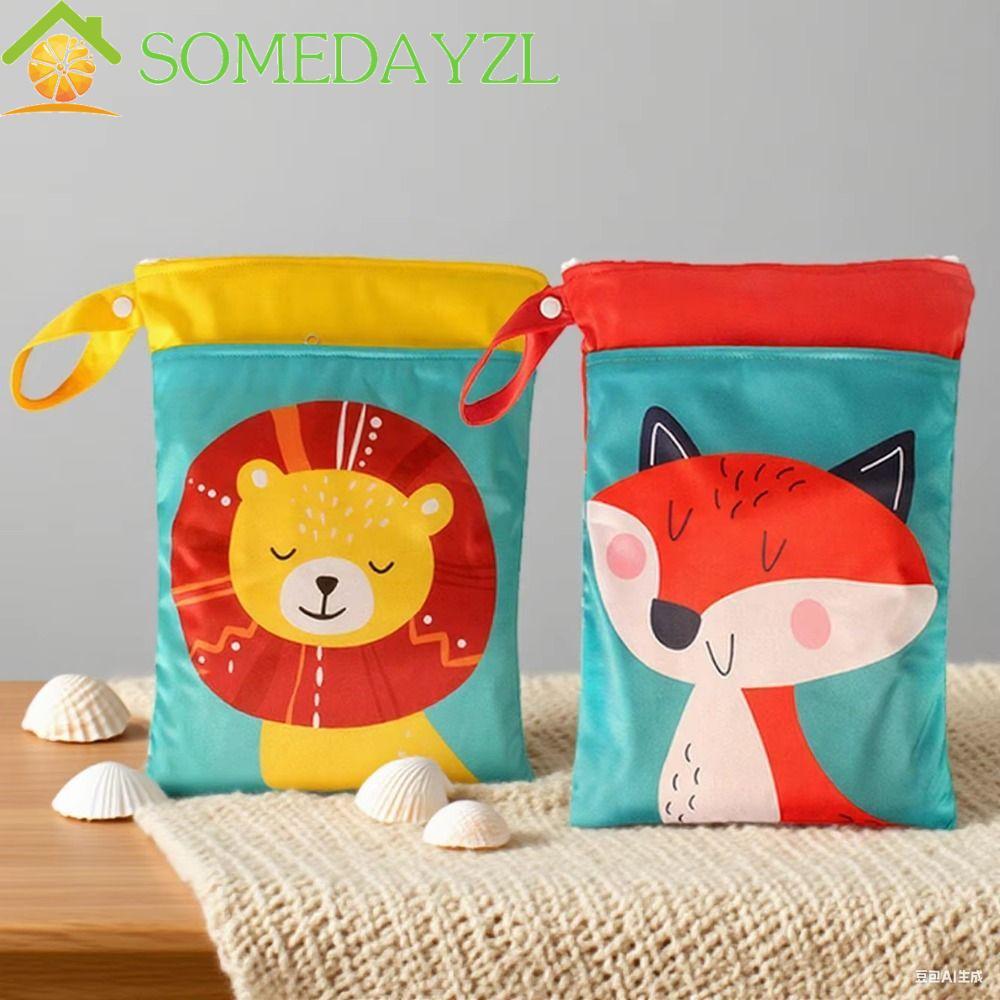 SOMEDAYZL Wet Dry Bag, Double Pocket Cartoon Wet Storage Bag, Stroller Bags Washable with Zippers Waterproof Beach Bag for Home