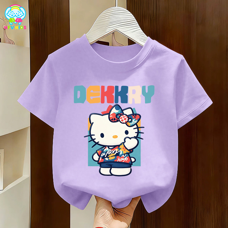 【ส่งจากกรุงเทพฯ】NFV KIDS เสื้อยืดแขนสั้นเด็ก💜ผ้าหนายับยากรีดง่าย ใส่สบาย ระบายอากาศ ลายพิมพ์แมวน่ารัก ผ้าฝ้าย100% YG5659
