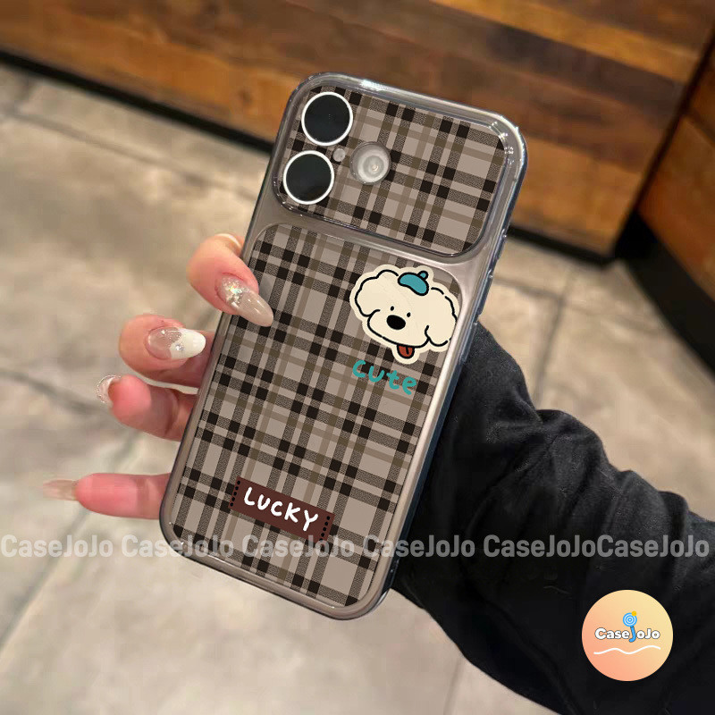 บางเฉียบสัมผัสเหมือนเครื่องเปล่า เคสไอโฟนผิวด้านลายตาราง ลายสุนัขน่ารัก สำหรับ iPhone 16 11 12 15 Pro Max 14 Plus 17 13