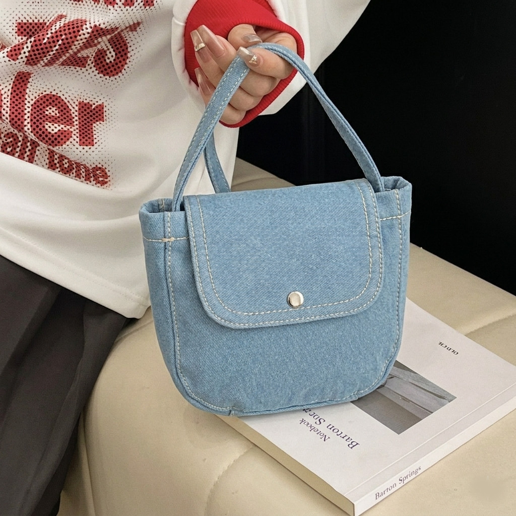 tokyosellected(T2591) กระเป๋าสะพายข้างใบเล็กผ้ายีนส์ไม่ฟอกมีฝาปิดกระเป๋า