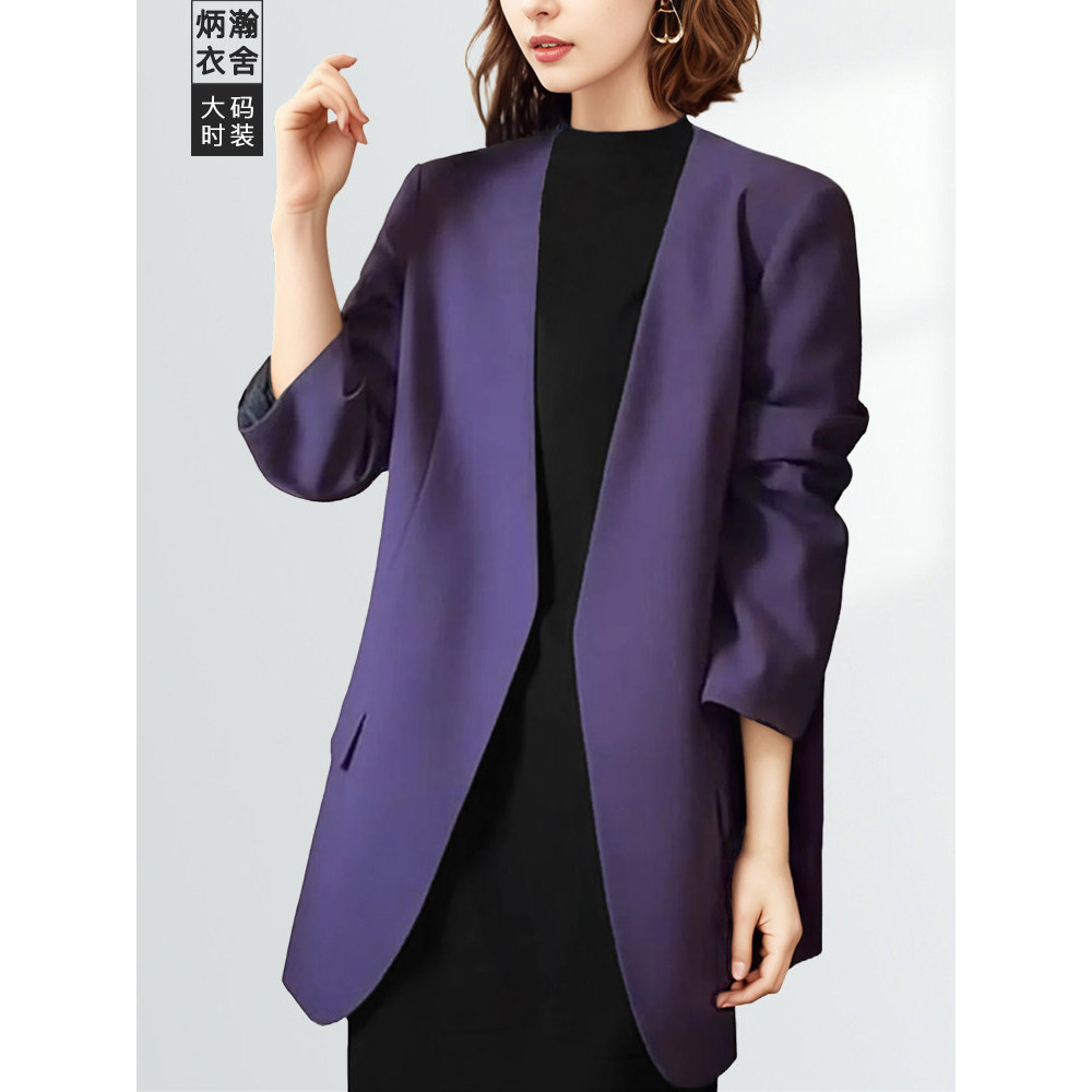 Blazer สีม่วงสำหรับผู้หญิงไซส์ใหญ่ ทรงหลวม ลายคลาสสิก ใส่ได้หลายโอกาส