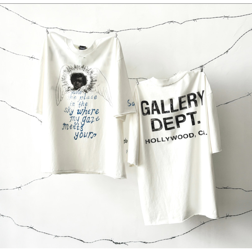 Gallery Dept Retro Angel พิมพ์เสื้อยืดแขนสั้นผู้ชายผู้หญิงสไตล์เดียวกันหลวม Distressed ล้าง Casual Top