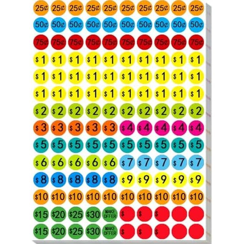 ice Stickers for Yard Sales, Flea Markets, County Fairs & Retail Use, Pricemarker Labels, 4 Colours 