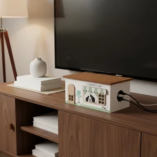 Tidy & Organizing กล่องการจัดการสายไฟไม้ ดีไซน์กลวงออก ที่จัดระเบียบสายไฟดีไซน์คาเฟ่สําหรับสํานักงาน ห้องนั่งเล่น