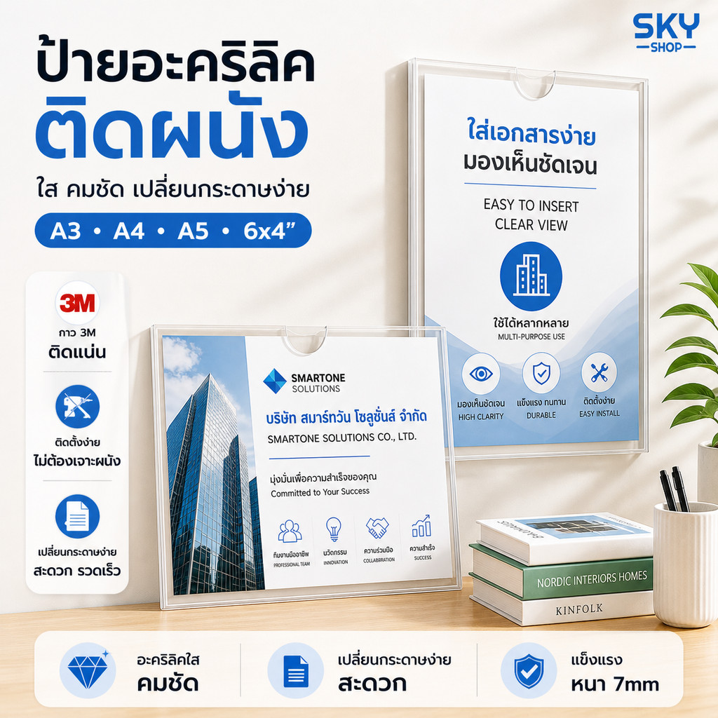 SKY ป้ายตั้งโต๊ะอะคริลิค หนา 3+3mm ใสคมชัด A4/A5 แนวตั้ง-แนวนอน เปลี่ยนเอกสารง่าย ป้ายเมนู ป้ายโปรโมชั่น Acrylic Sign
