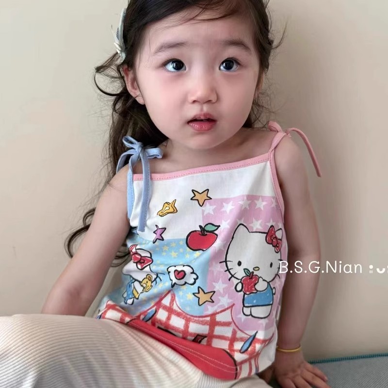 สาวฤดูร้อนแฟชั่นแขนกุดสลิงขนาดเล็กเด็กการ์ตูนพิมพ์หวานน่ารักเสื้อกั๊กสั้นด้านบน