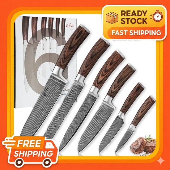 Wakoli EDIB knife set, 6 knives, 67-layer Damascus steel, VG10 core, beef knife, Santoku, bread knif
