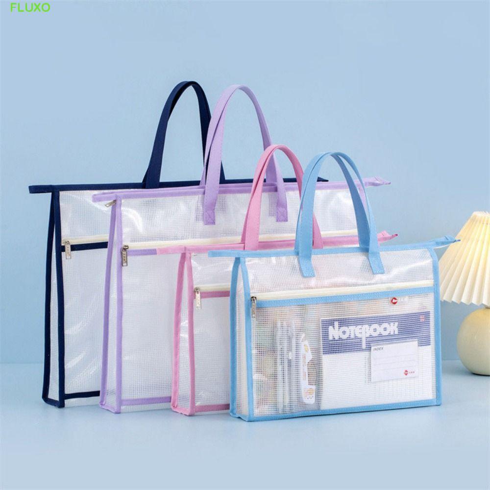FLUXO กระเป๋าซิป,ถุงเก็บแฟ้ม A3/A4 กันน้ําใสน้ําหนักเบาพร้อมหูหิ้วหนาความจุขนาดใหญ่กระเป๋าเอกสารข้อมูลที่ใส่ไฟล์