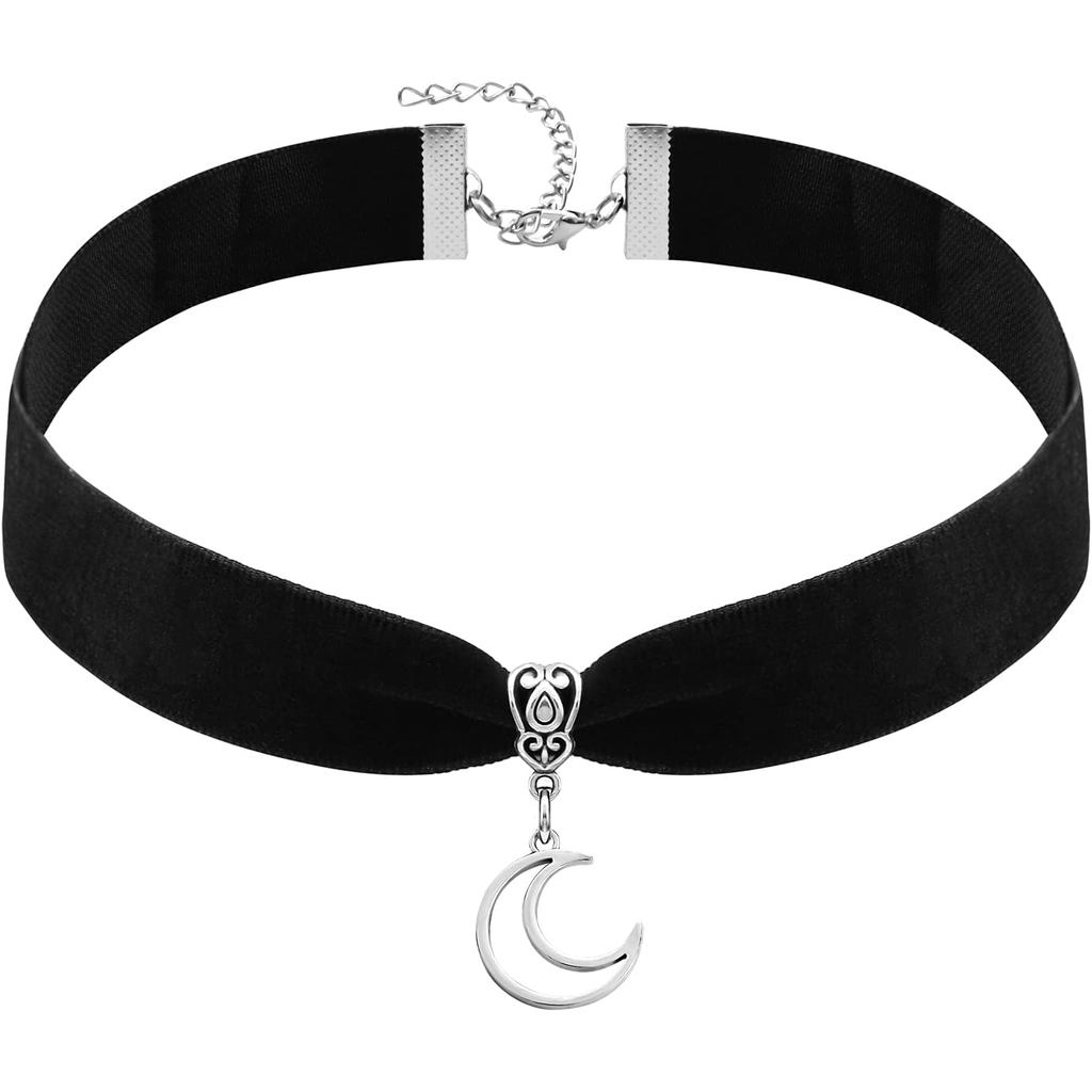 RareLove ชุดฮาโลวีนกํามะหยี่สีดํา Gothic Collar Choker Crescent Moon สร้อยคอโลหะผสมชุบ Gothic อุปกรณ