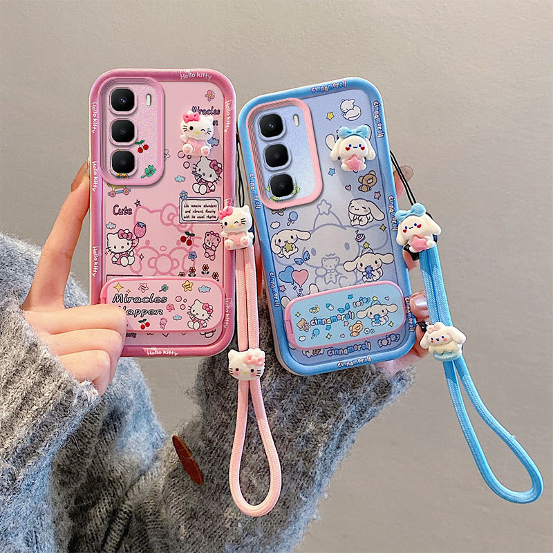 สําหรับ INFINIX HOT 60 PRO-4G น่ารัก Hello Kitty & Cinnamoroll เคสโทรศัพท์การ์ตูน 3D รูปตกแต่งซิลิโคนอ่อนนุ่มกันกระแทกพร้อมสายคล้องมือที่จับคู่