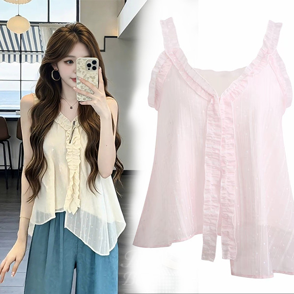 Red Berry เสื้อกล้ามคอวีแต่งขอบระบาย ผ้าบาง ดีไซน์ไม่สมมาตร 99412