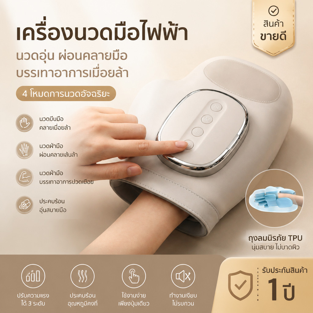 เครื่องนวดมือไฟฟ้าเครื่องนวดมือไร้สายพร้อมการสั่นสะเทือนและความร้อนอากาศการบีบอัดนิ้วนวดสําหรับบรรเทาอาการปวดข้ออักเสบ