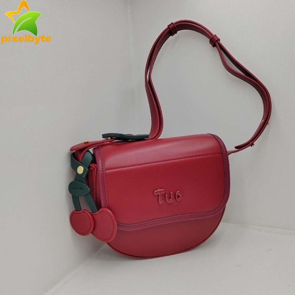 PIXELBYTE Cherry Crossbody Bag, พร้อมจี้ PU หนังกระเป๋าสะพายเชอร์รี่, แฟชั่นอเนกประสงค์สีแดงครึ่งรอบ PU Cherry กระเป๋าถือคู่