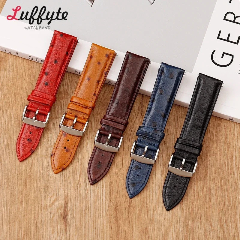 Ostrich Pattern Genuine Leather Strap 18mm 20mm 22mm Cowhide Strap Quick Release for Smart Watch Acc
