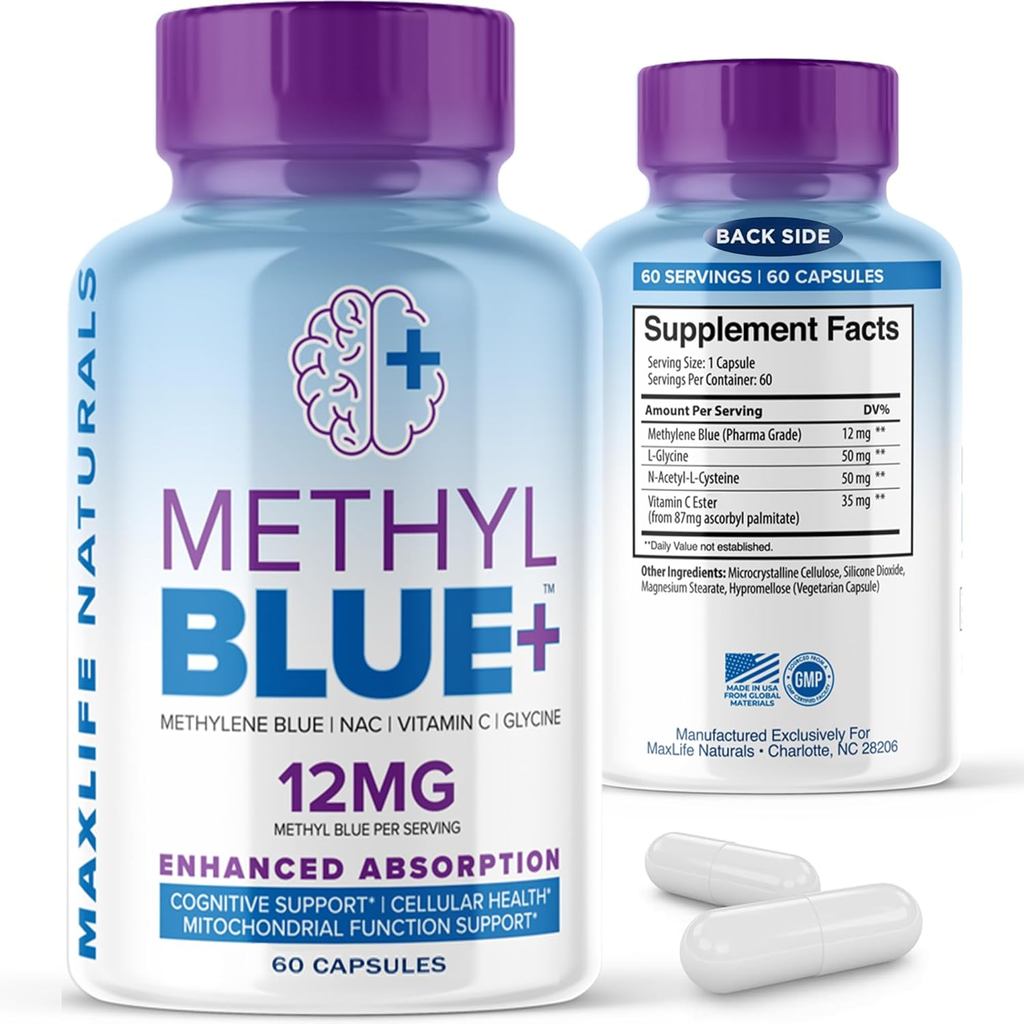 MAXLIFE NATURALS Pure Methylene Blue Capsules, Ultimate Methylene Blue Pharmaceutical Grade 12mg - 6