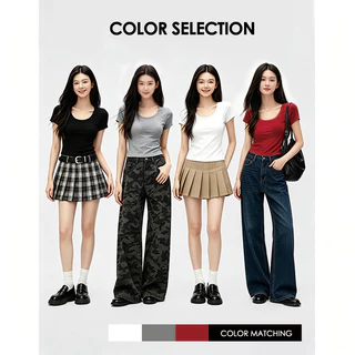 สีทึบ คอUใหญ่ เสื้อยืดแขนสั้นผู้หญิง นุ่มเด้ง เอวเข้ารูป แฟชั่นหน้าร้อน ดูผอมสวย พร้อมส่งค่ะ