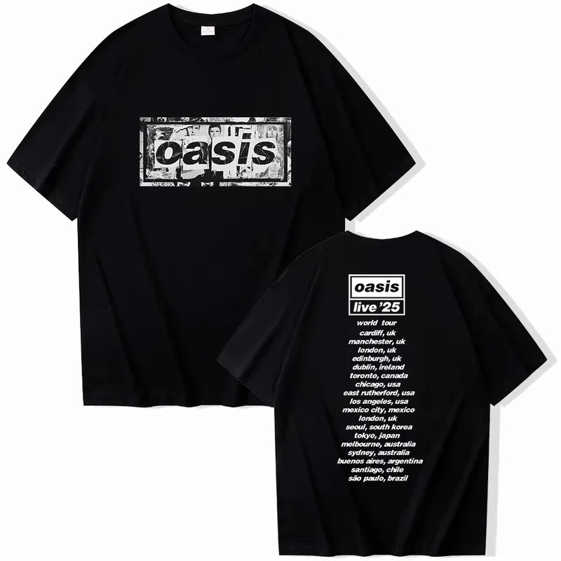 เสื้อยืด OASIS Live '25 World Tour S-5XL Unisex พิมพ์ลายโลโก้ภาพตัดปะและรายการคอนเสิร์ต