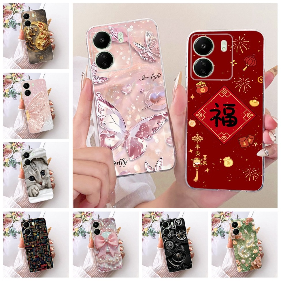 Clear สําหรับ Poco C65 กรณีแมวน่ารักหรูหราดอกไม้ Cool ทาสีปลอกโทรศัพท์นุ่ม 2310FPCA4G 2310FPCA4I
