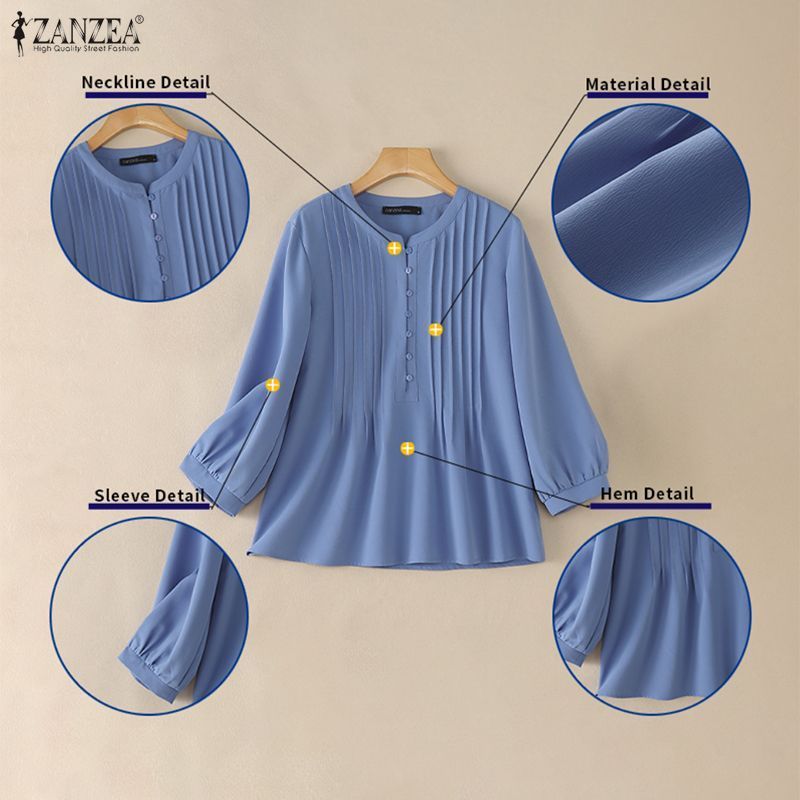 ZANZEA เสื้อเชิ้ตสีทึบแขนยาวสไตล์เกาหลีสําหรับผู้หญิง — صورة 7