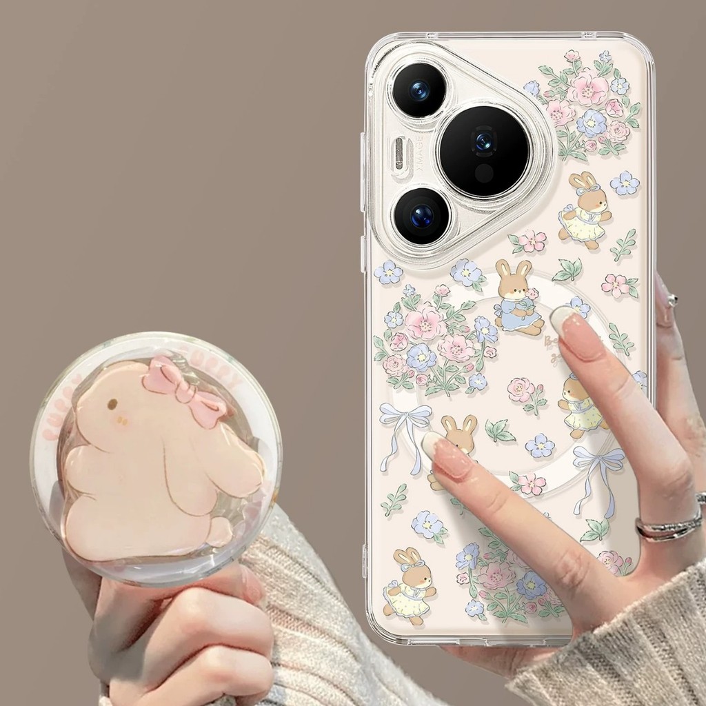 เคสโทรศัพท์แม่เหล็กกระต่ายลายดอกไม้พร้อมขาตั้งปกแข็งแบบใสสําหรับ Huawei Pura 70 80 90 Pro Ultra