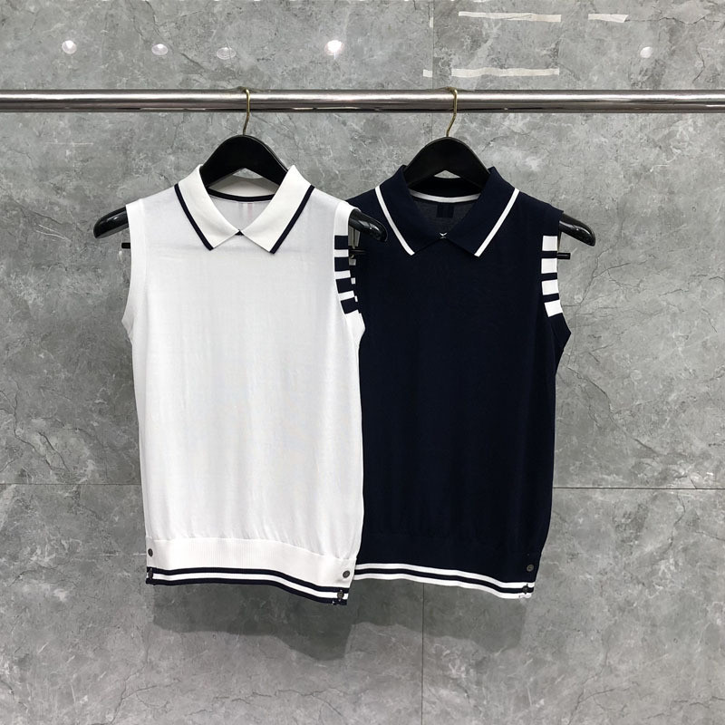 thombrowne Summer four-stripe sleeveless POLO Contrast color college-style collared vest top
